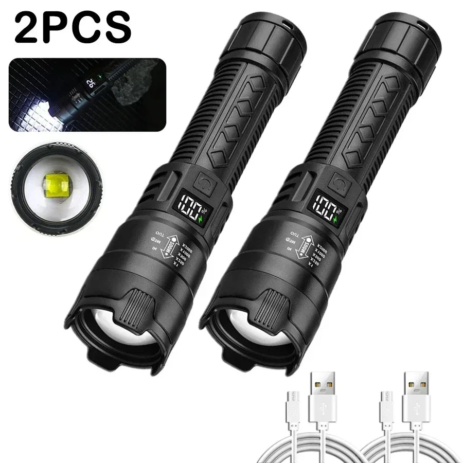 Lanternas LED de Alta Potência com Display, Tocha Tática, Luz de Display, Carregamento USB, Camping, Pesca, Defensa Zoom Lanterna, 300000LM