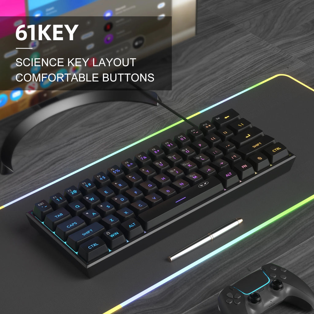 Teclado para jogos MageGee Mini 60%, teclado ultracompacto retroiluminado RGB de 61 teclas, escritório de sensação mecânica ergonômica à prova d'água TS91
