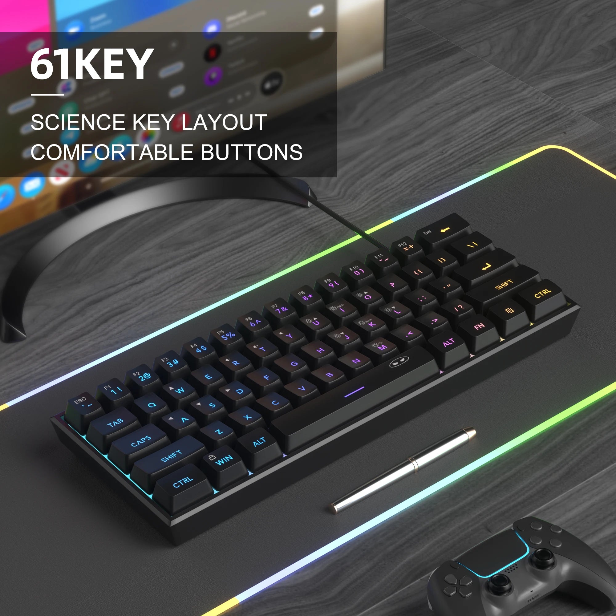 Teclado para jogos MageGee Mini 60%, teclado ultracompacto retroiluminado RGB de 61 teclas, escritório de sensação mecânica ergonômica à prova d'água TS91