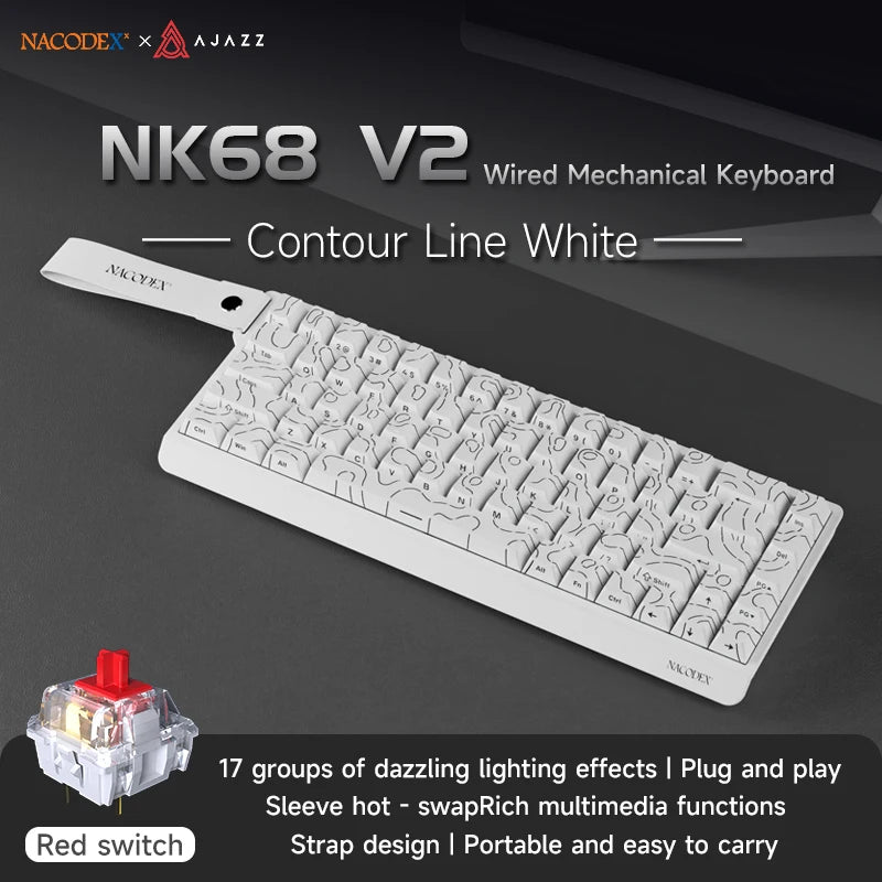 Teclado Mecânico AJAZZ NK68V2 com Fio, Modo Único, Portátil para Jogos, RGB, Hot-Swappable, Leve para PC