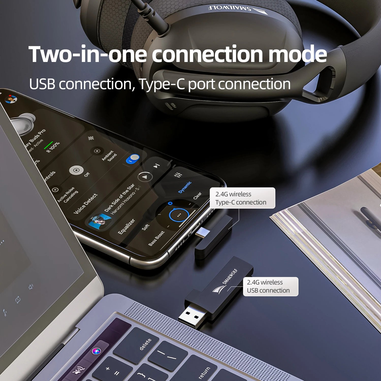 SmaILWOLF L80 Bluetooth sem fio com fio de três modos para jogos fone de ouvido portátil para casa fone de ouvido leve com microfone