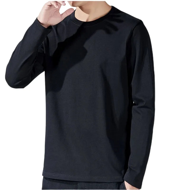 Camisetas masculinas de manga longa de algodão, roupas monocromáticas, comprimento total, primavera e outono