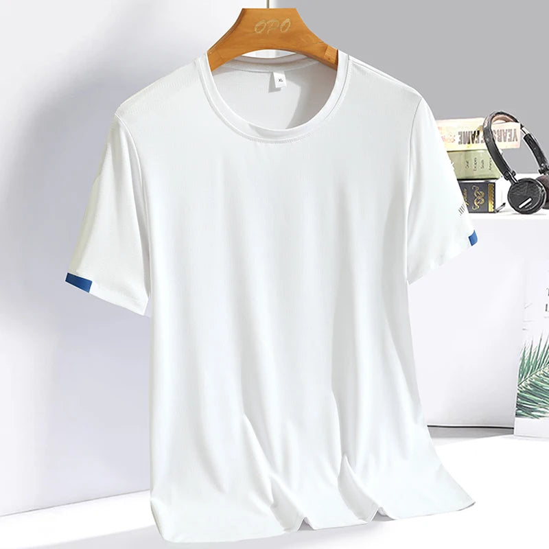 Verão masculino gelo seda camiseta moletom em torno do pescoço simples correndo terno de fitness fino respirável secagem rápida t