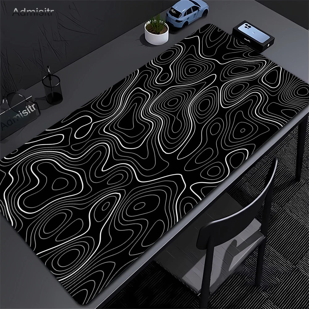 Xxl tapete de mesa preto e branco strata líquido mousepad grande abstrato mouse pad jogos deskmat com lockedge escritório antiderrapante tapete