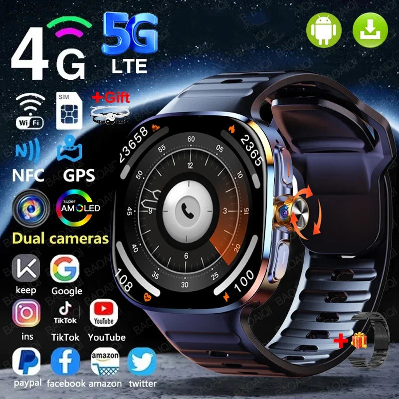 Relógio Inteligente 5G com Tela AMOLED HD de 720*720, Chamada de Vídeo, 8GB+128GB RAM, GPS, WIFI, Google Play, Relógio Inteligente com Previsão do Tempo