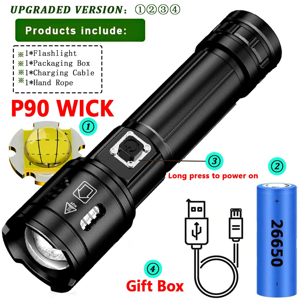 Lanterna LED de luz forte de alta potência com zoom USB recarregável com tocha externa de liga de alumínio ultrabrilhante de longo alcance