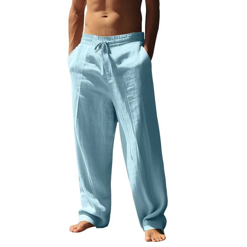 Calças masculinas de linho de algodão 2025 verão novas calças casuais soltas cintura alta respirável plus size haren calças emagrecimento calças largas
