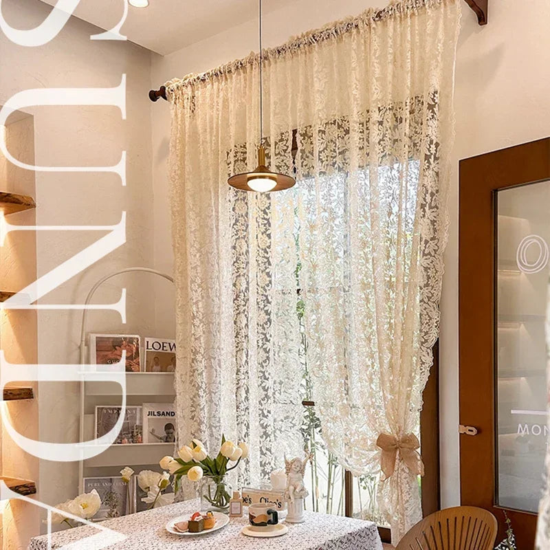 1pc estilo coreano francês ins creme estilo renda tule cortina para quarto e cozinha pequena janela decoração, cortinas de janela de casa