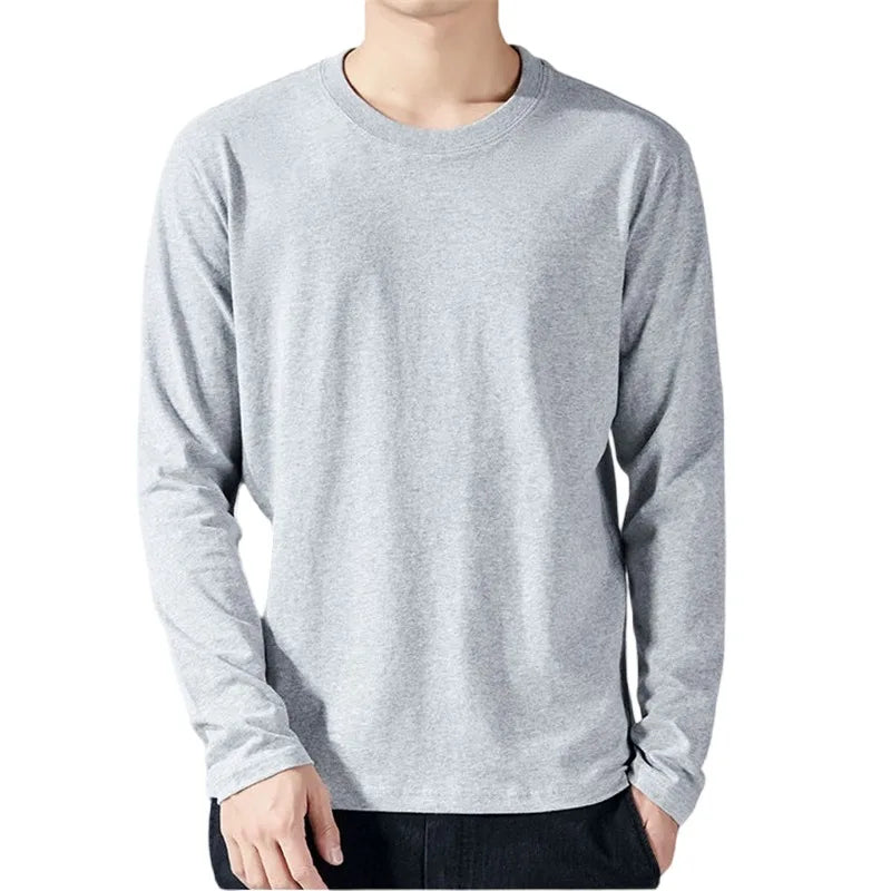 Camisetas masculinas de manga longa de algodão, roupas monocromáticas, comprimento total, primavera e outono