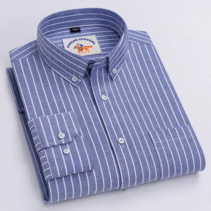 Casual puro algodão oxford camisas masculinas manga longa bordado cavalo design regular ajuste moda botão homem vestido branco camisa