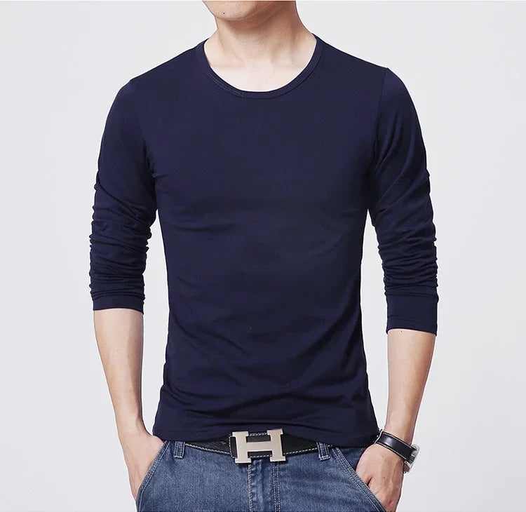 Camisetas Masculinas de Manga Longa Slim Fit MRMT 2026 Novas, Camiseta Masculina de Cor Pura para Jovens, Camisetas O-Neck para Homens e Meninos