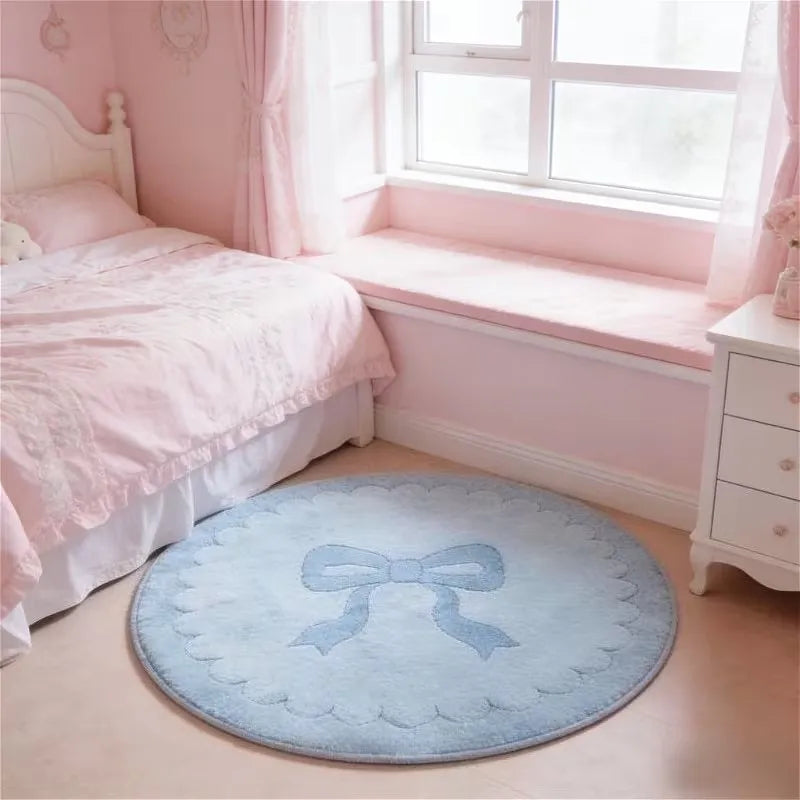 Tapete Redondo com Estampa de Laço Rosa Kawaii, Carpete Macio Antiderrapante, Estilo Coquette, Tapete para Quarto, Decoração Fofa para Quarto Infantil