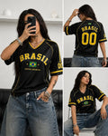 Camiseta Feminina Brasil 00 Estampada com Decote V e Manga Curta, Camiseta Gráfica de Verão, Camiseta Esportiva Plus Size