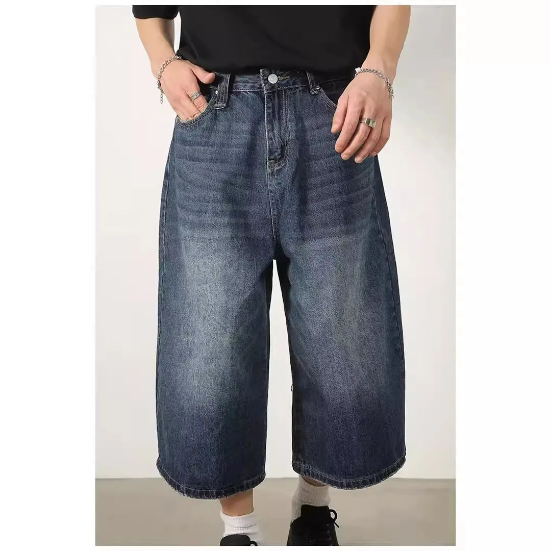 Shorts Jeans Baggy Vintage Y2K de Cintura Alta com Perna Larga para Mulheres e Homens - Moda Oversize na Altura do Joelho