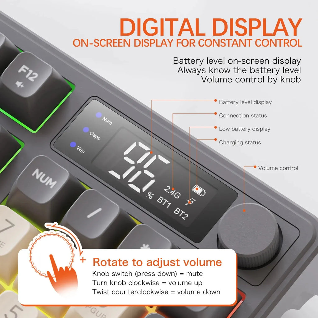 Teclado sem fio FreeWolf M96 com tela, teclado para jogos Bluetooth conexão de modo duplo, ligação multidispositivo, ergonômico