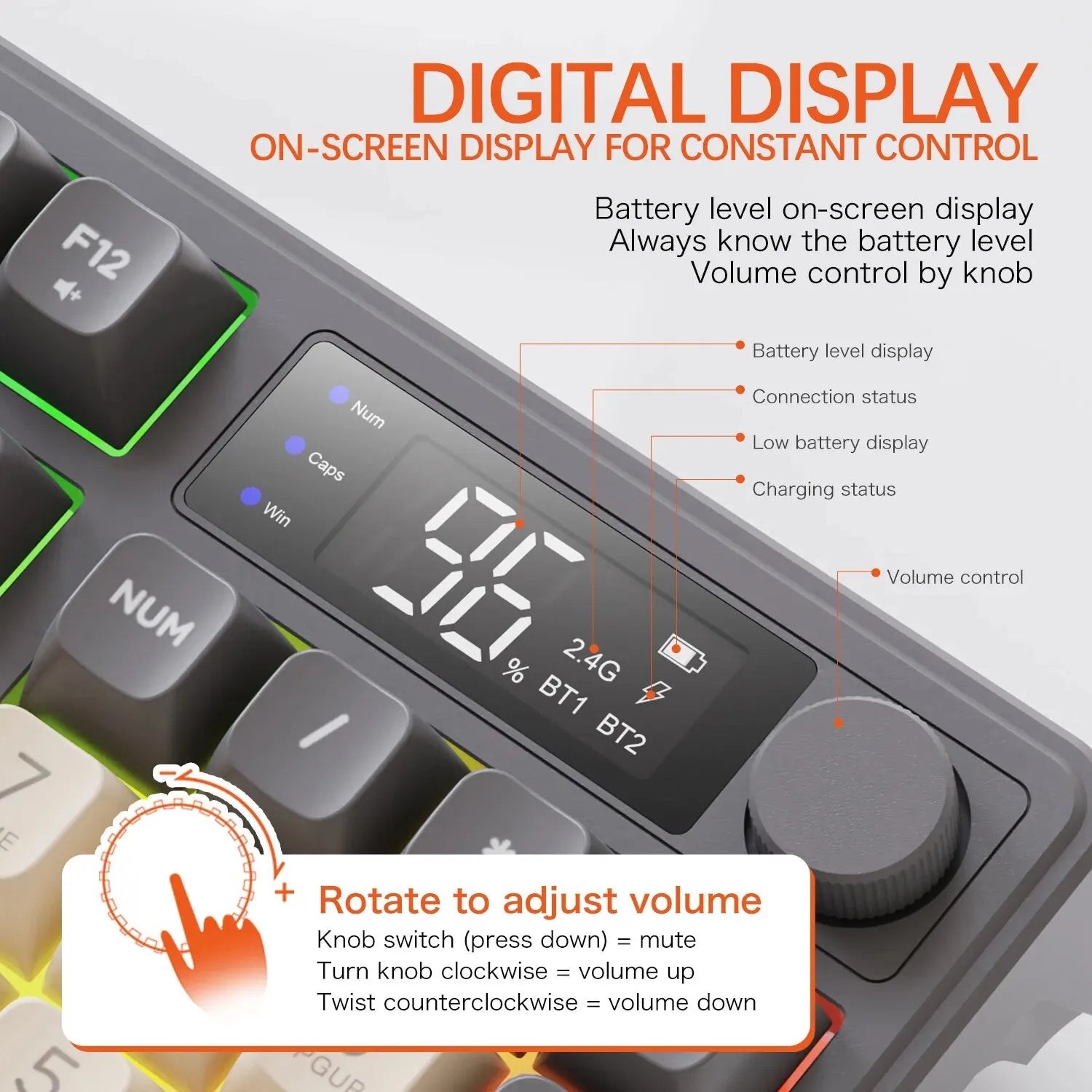 Teclado sem fio FreeWolf M96 com tela, teclado para jogos Bluetooth conexão de modo duplo, ligação multidispositivo, ergonômico