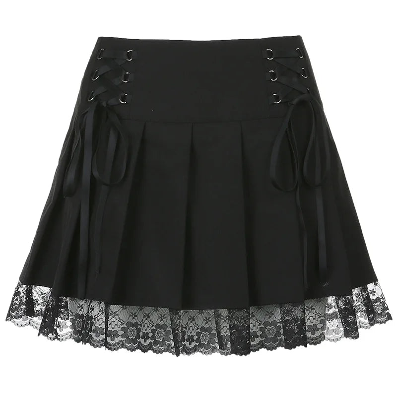 Menina retro saia plissada rendas até cintura alta xadrez malha costura hem y2k estética gótico preto mini saias bodycon