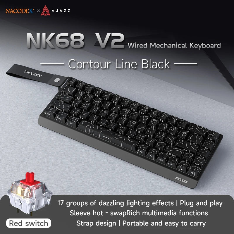 Teclado Mecânico AJAZZ NK68V2 com Fio, Modo Único, Portátil para Jogos, RGB, Hot-Swappable, Leve para PC