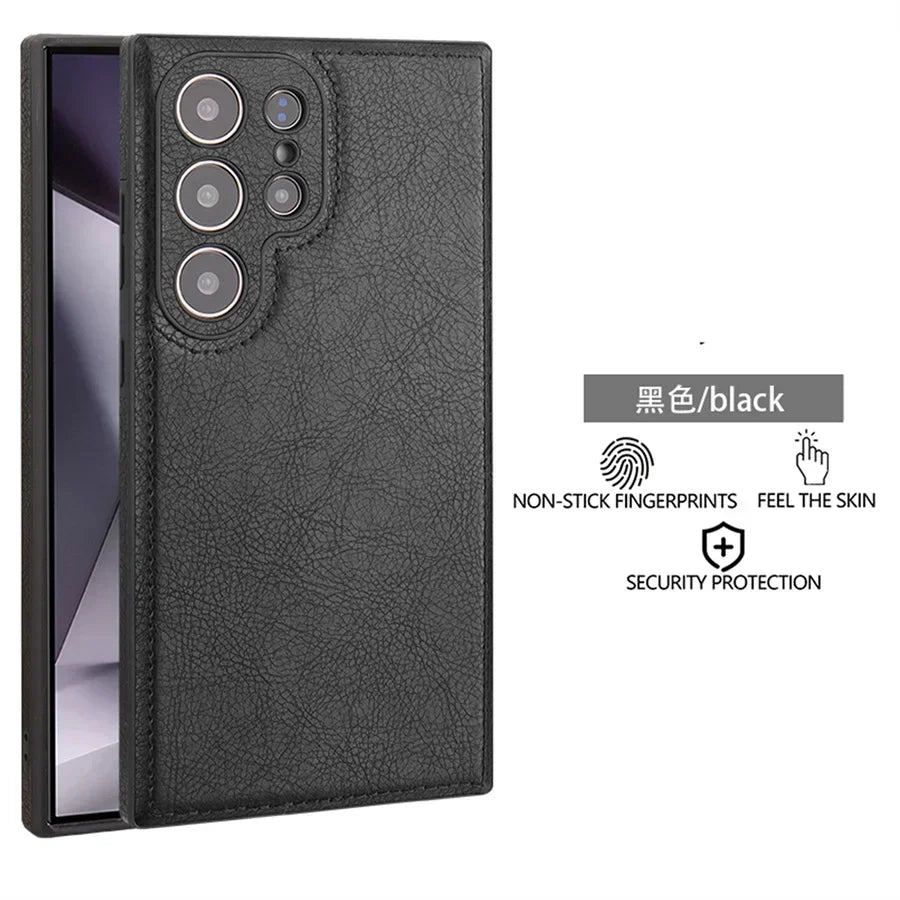 Capa de Couro PU Vintage de Luxo para Samsung S26 Ultra S25 S24 Plus S23 S22 S26Ultra, Capa Traseira Fina e Antichoque com Bumper Macio para Câmera
