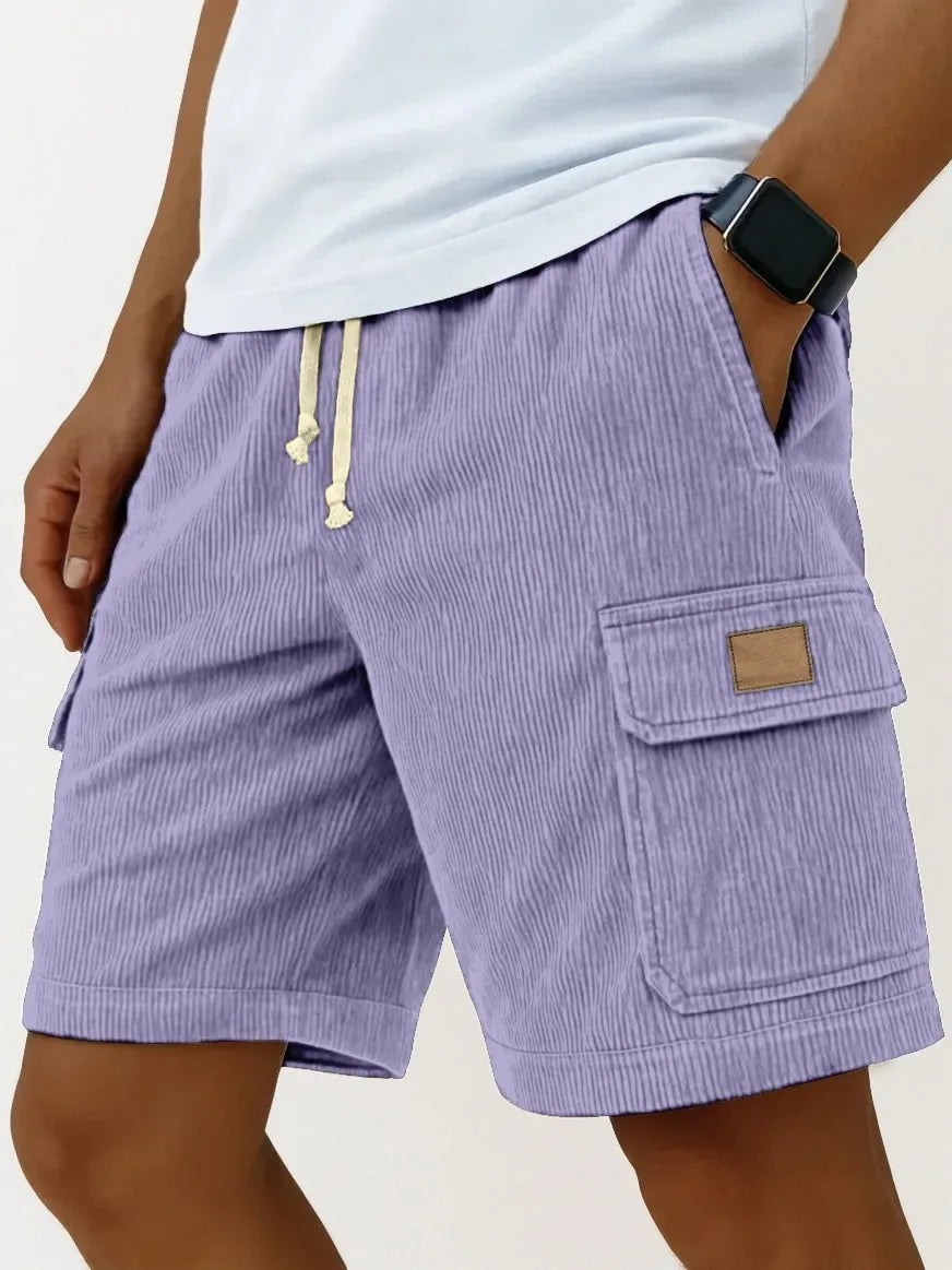 Bermudas Cargo Vintage Masculinas: Calções de Verão Modernos em Corduroy, Casuais, Cor Sólida, Esportivos e Respiráveis