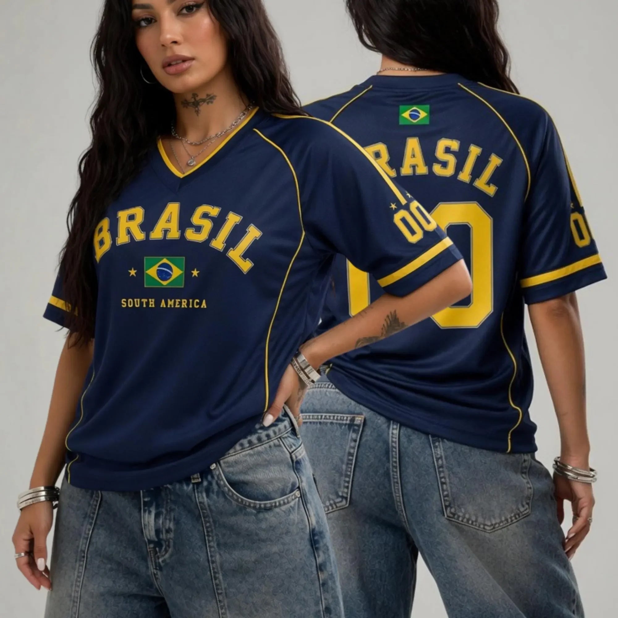 Camiseta Feminina Brasil 00 Estampada com Decote V e Manga Curta, Camiseta Gráfica de Verão, Camiseta Esportiva Plus Size
