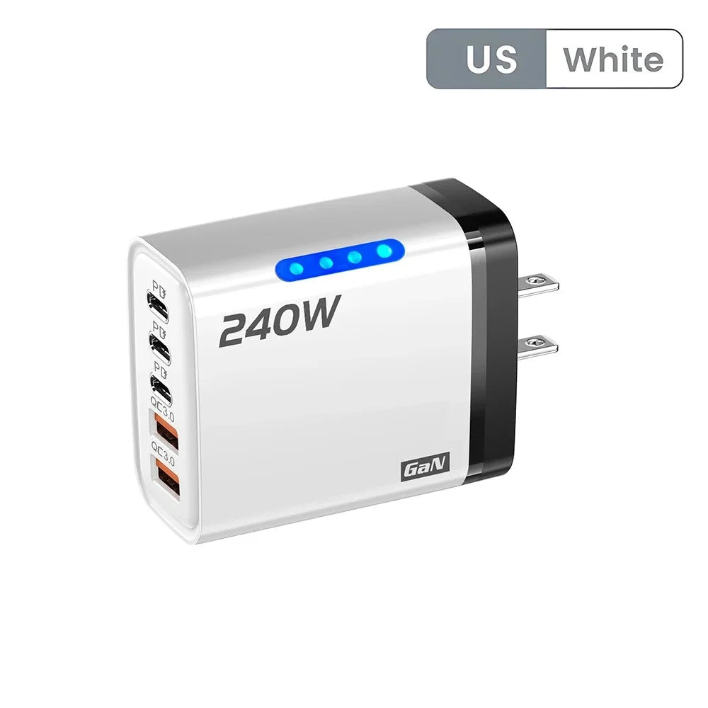 Carregador de Mesa USB C GaN 240W 5 em 1, Adaptador de Carregamento Rápido para Telefone, Cabo Tipo C 10A para iPhone, Samsung, Xiaomi, Carregador com Plugue EU/US/UK