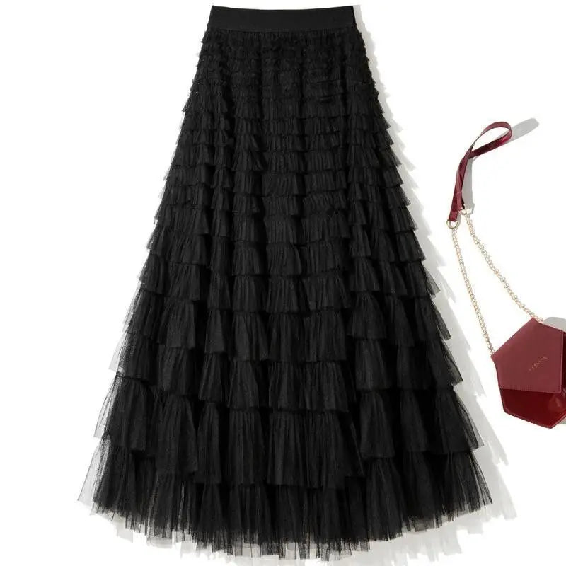 Saia de Camadas em Tule Estilo Princesa com Cintura Elástica, Vestido Longo Estilo Coreano, Saia Midi de Cintura Alta em Teci...
