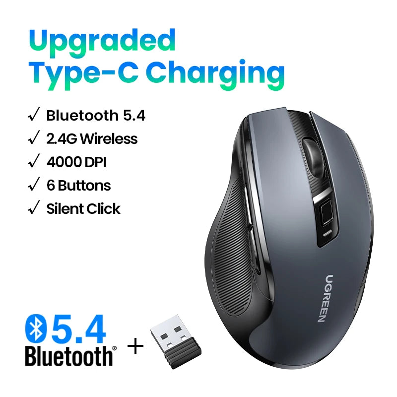 Ugreen mouse ergonômico sem fio 4000 dpi silencioso 6 botões para macbook tablet portátil mudo ratos silencioso 2.4g mouse