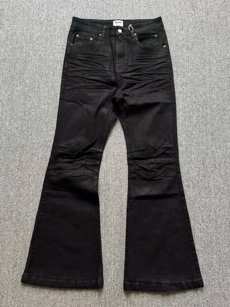 Jeans Masculino Retrô Americano Estilo High Street com Acabamento Artesanal de Cera Escovada, Lavado, Micro Flare, Cintura Mé...