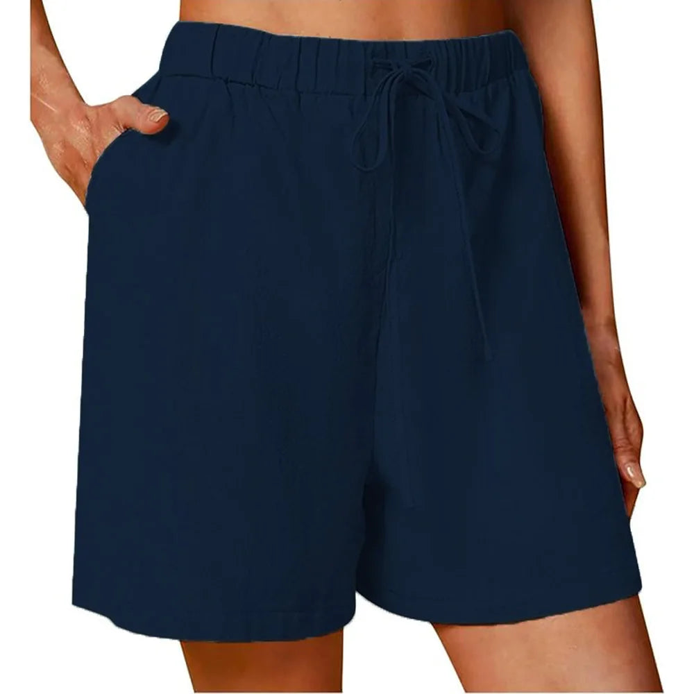 Verão feminino casual shorts cordão cor sólida algodão linho calças curtas feminino solto em linha reta jogging ao ar livre streetwear