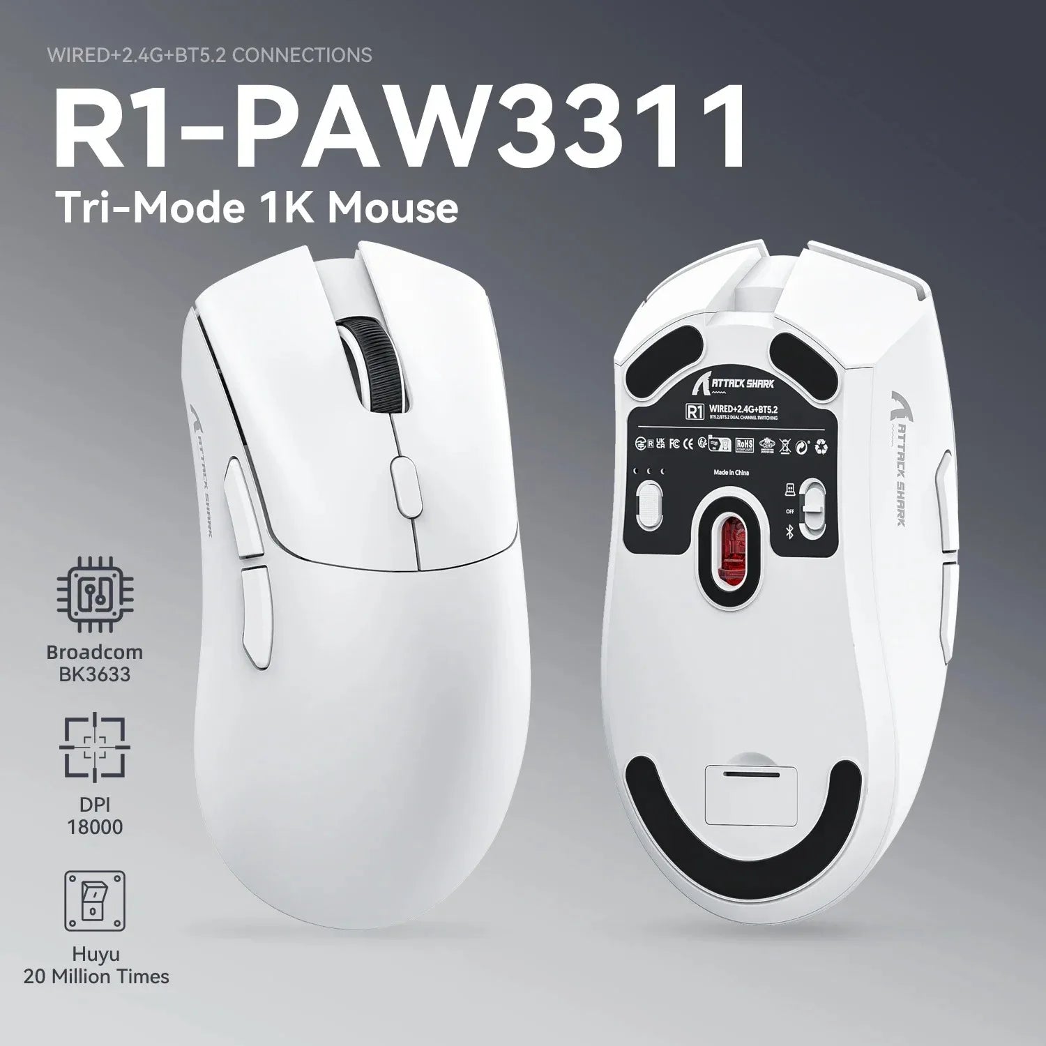 Mouse Bluetooth Attack Shark R1 e fita adesiva R1 PAW3311 1K HZ Macro Gaming Mouse para lactop/pad/pc