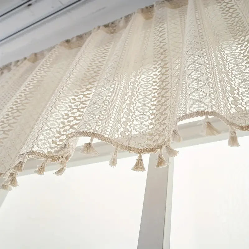 Cortina curta de borla suspensa com padrão circular bege, cortina curta de renda, sala de estar, quarto, cortina de cobertura de armário de cozinha