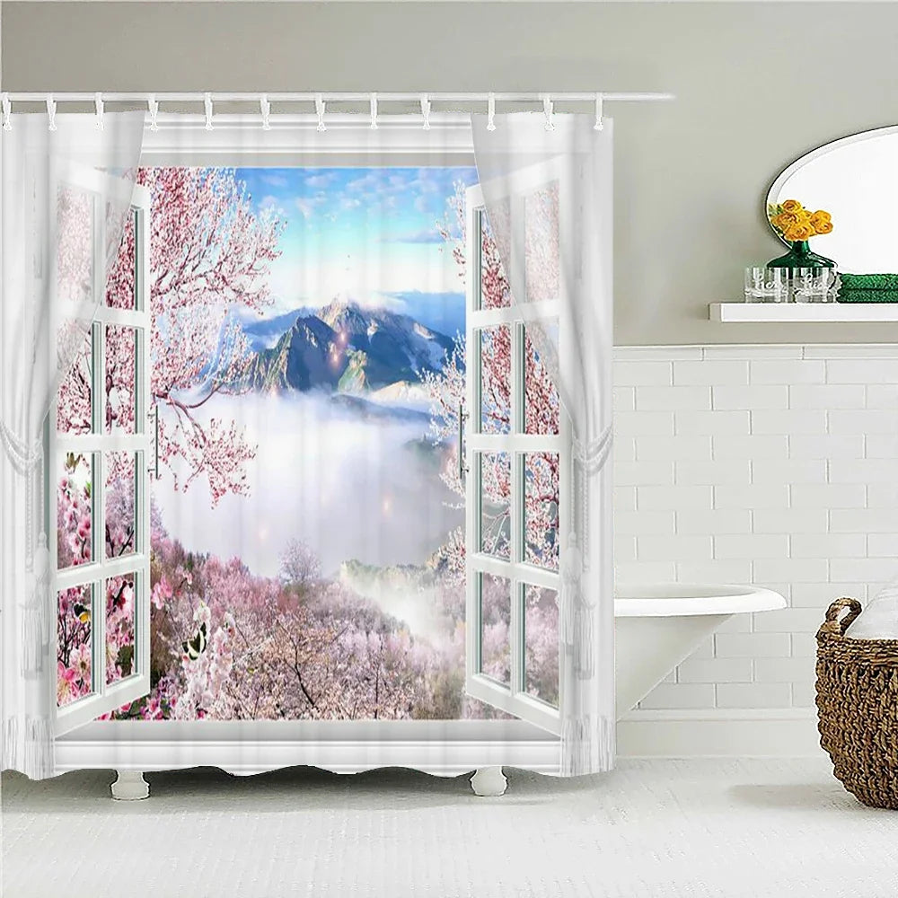 Cortina de banho 3d impressão janela cenário floresta cortinas de chuveiro 180*200cm à prova dwaterproof água cortina do banheiro tecido lavável com ganchos