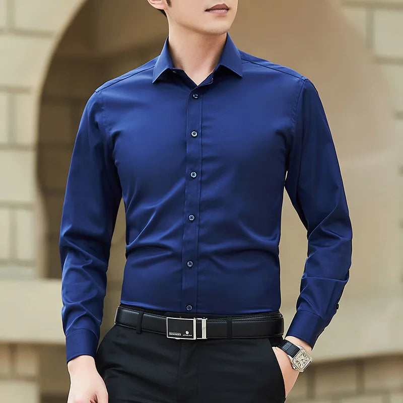 Novo plus size masculino cor sólida camisa de negócios moda clássico básico casual magro branco manga longa camisa roupas marca