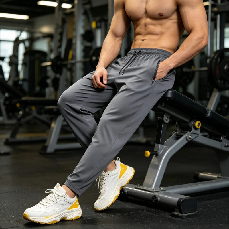 Calças de Verão Masculinas Plus Size em Seda Gelada, Leves e Respiráveis, com Bolsos com Zíper, Calças de Moletom Elásticas para o Dia a Dia, Esportes e Fitness