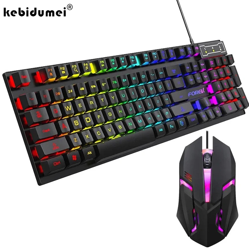 Teclado mecânico retroiluminado kebidumei com 104 teclas, teclado para jogos com fio, conjunto de teclado e mouse luminosos para jogadores, pc, laptop, escritório