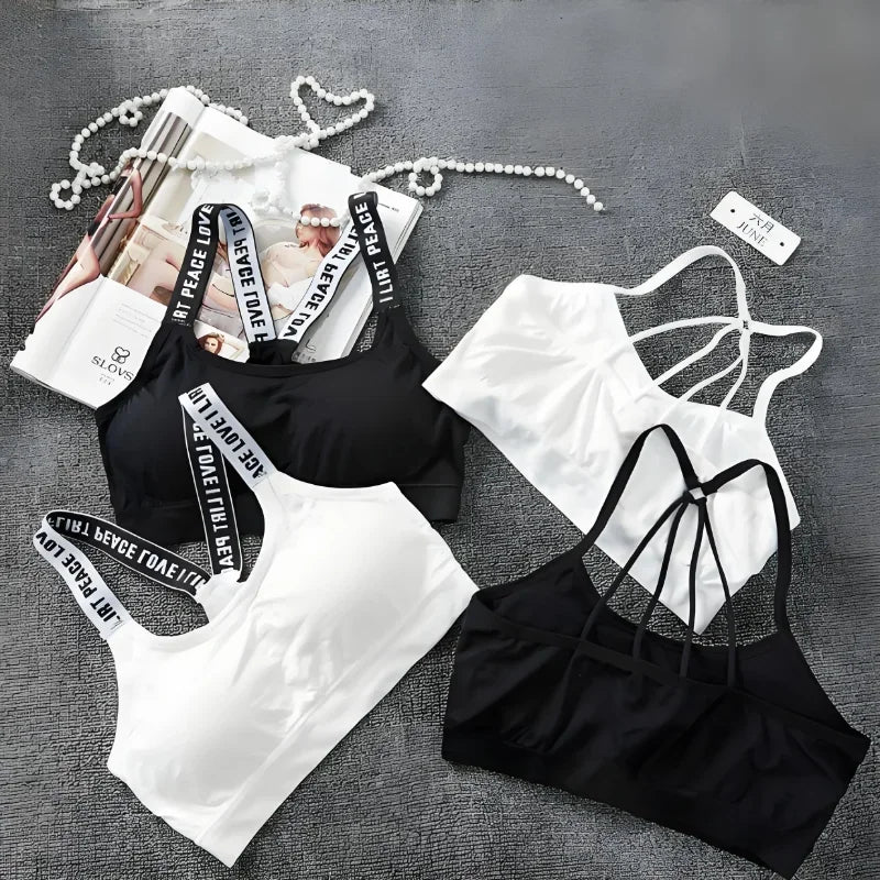 Roupa Íntima Esportiva Feminina, Top Cropped Sem Costura para Yoga e Fitness, Alças Largas com Letras, Confortável para Atividades Físicas, Sem Arame