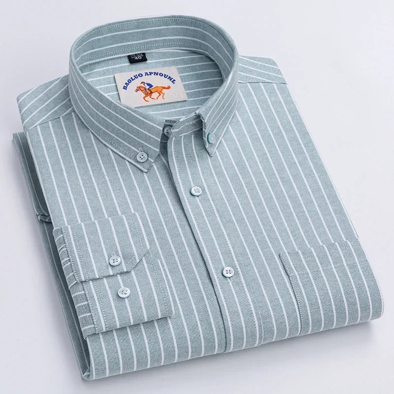 Casual puro algodão oxford camisas masculinas manga longa bordado cavalo design regular ajuste moda botão homem vestido branco camisa