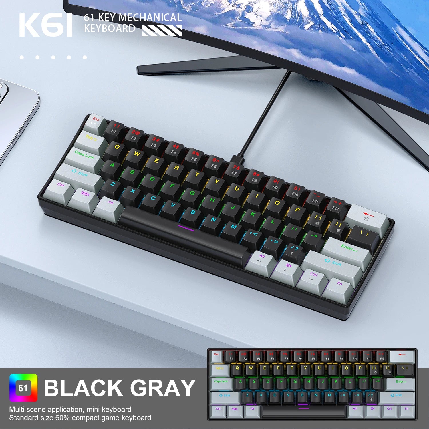 APAYADO K61 Mini teclado mecânico, com fio, 61 teclas, Phantom RGB, interruptor mecânico preto/branco vermelho/azul para jogos, 60% portátil