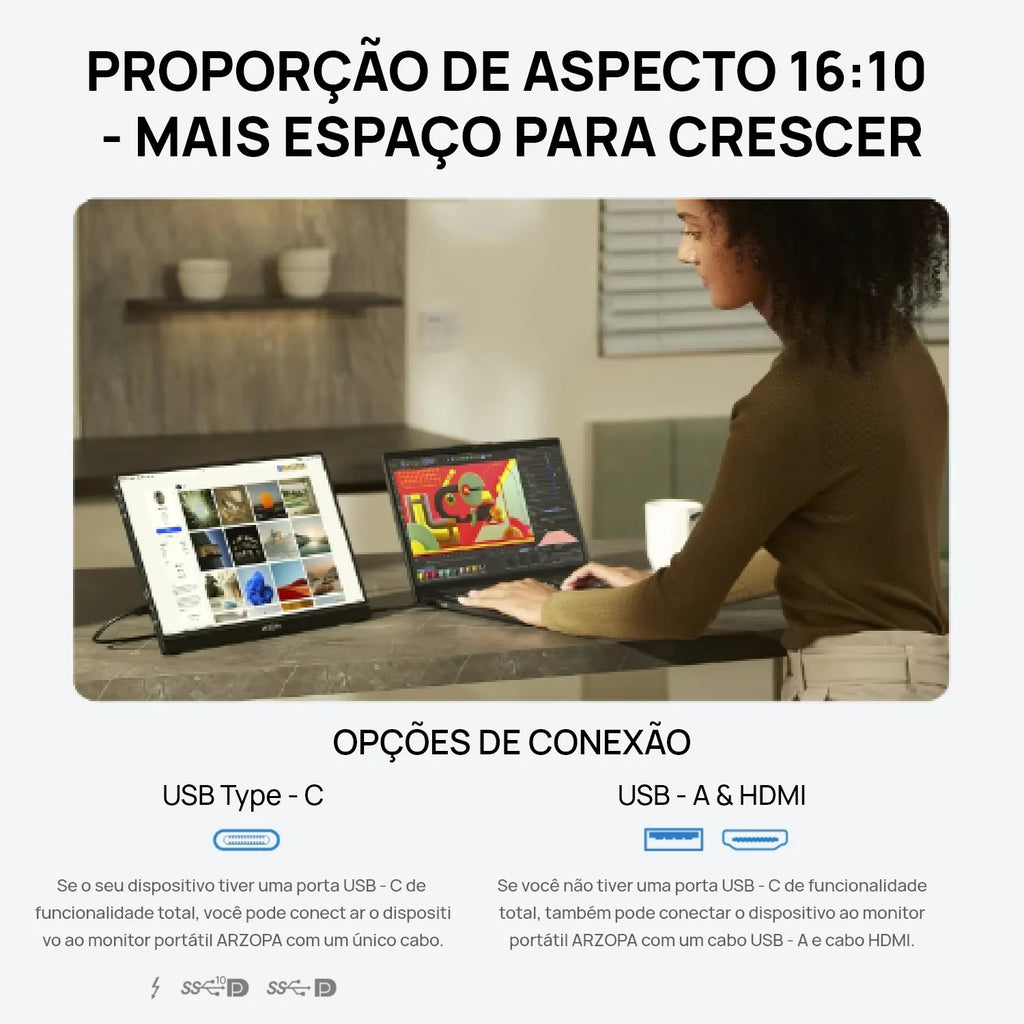 ARZOPA 16 "2.5K QHD Monitor Portátil 16:10 Tela IPS com Tipo-c Mini HDMI Segundo Display para MAC/Laptop/PC/Xbox/PS/Switch, Z1RC