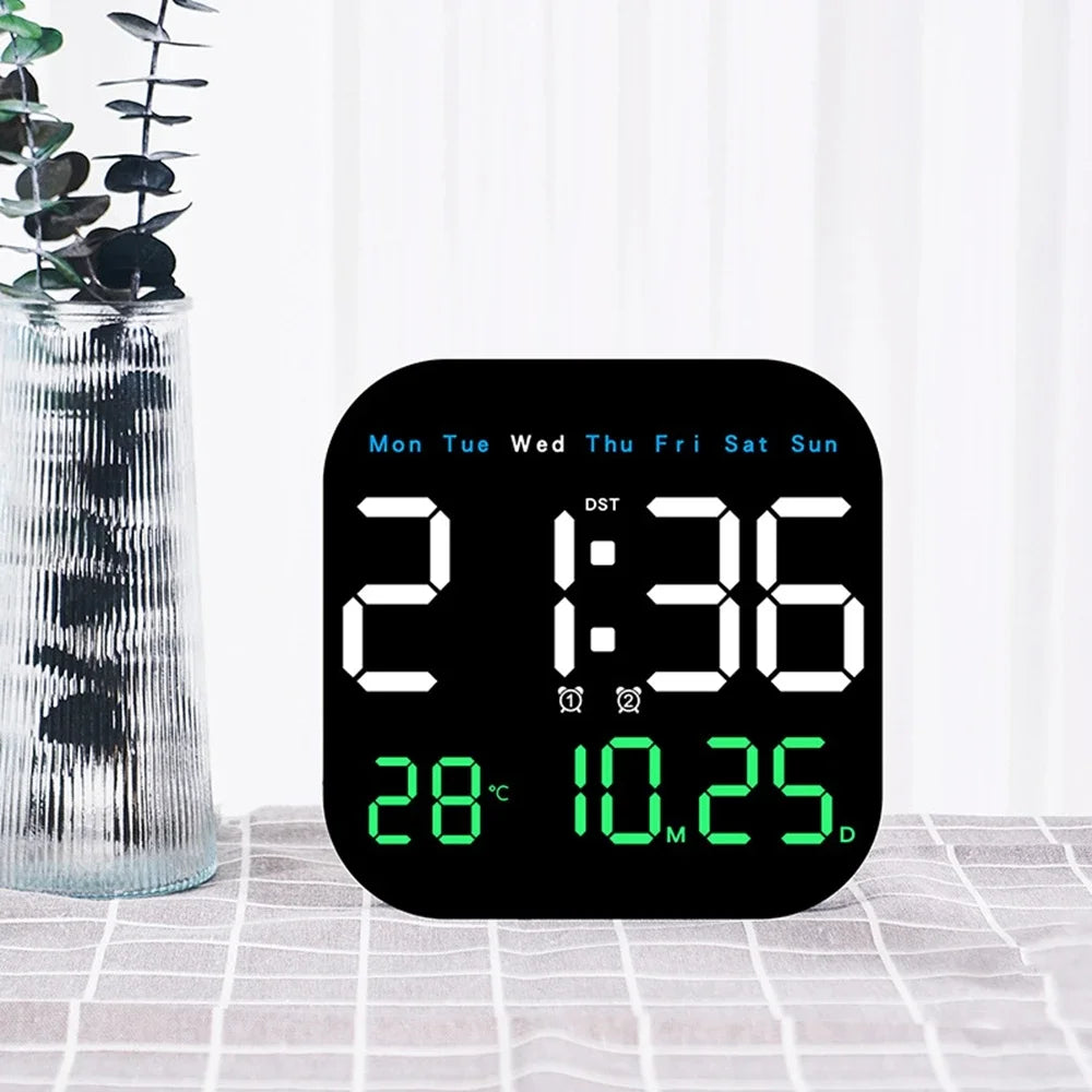 Relógio de parede digital com controle remoto, despertador LED, temperatura, data, exibição semanal, relógio de mesa eletrônico, 12 H, 24H
