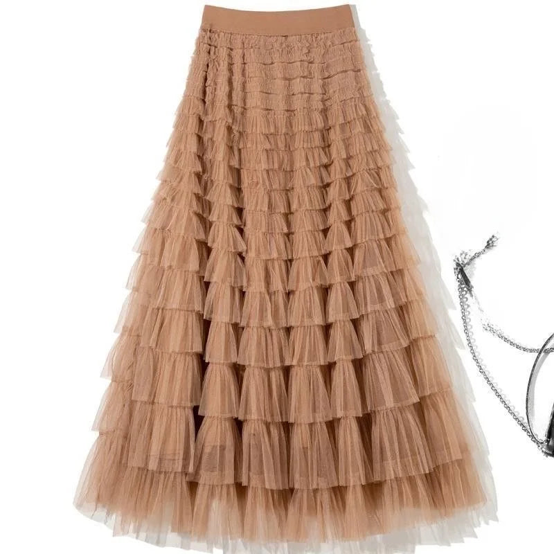 Saia de Camadas em Tule Estilo Princesa com Cintura Elástica, Vestido Longo Estilo Coreano, Saia Midi de Cintura Alta em Teci...