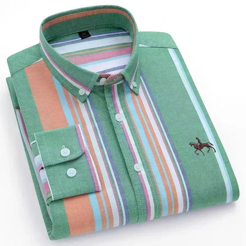 Casual puro algodão oxford camisas masculinas manga longa bordado cavalo design regular ajuste moda botão homem vestido branco camisa