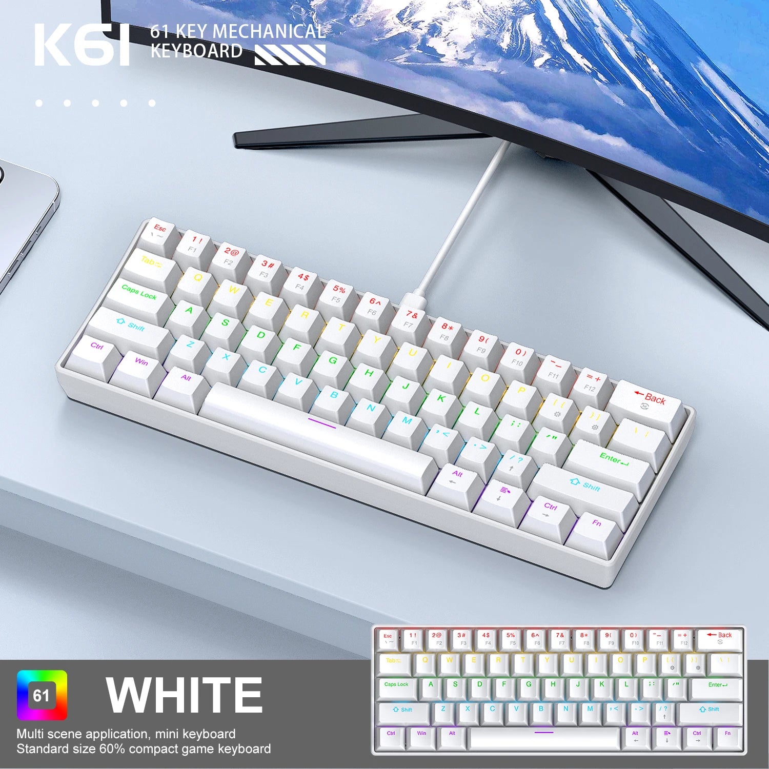 APAYADO K61 Mini teclado mecânico, com fio, 61 teclas, Phantom RGB, interruptor mecânico preto/branco vermelho/azul para jogos, 60% portátil