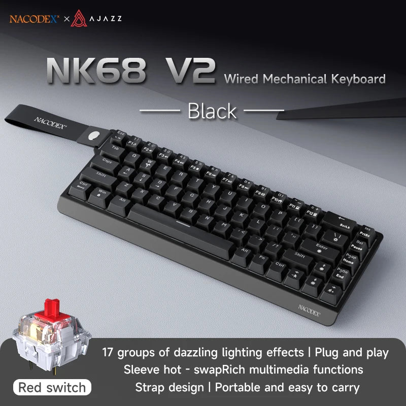 Teclado Mecânico AJAZZ NK68V2 com Fio, Modo Único, Portátil para Jogos, RGB, Hot-Swappable, Leve para PC