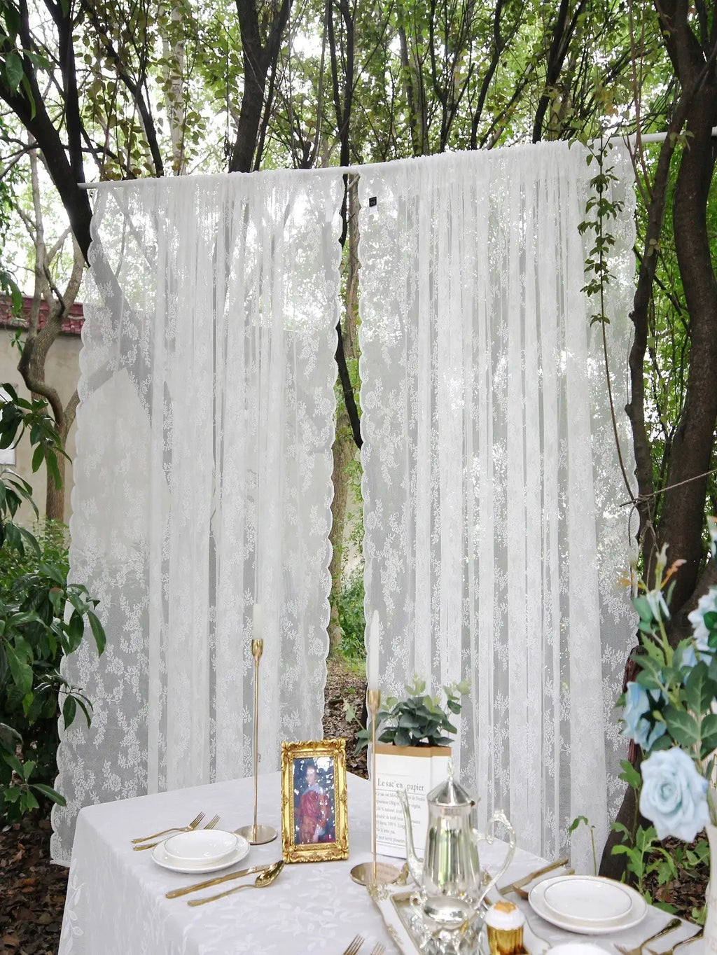 Painel de cortina de bolso com haste transparente de renda floral