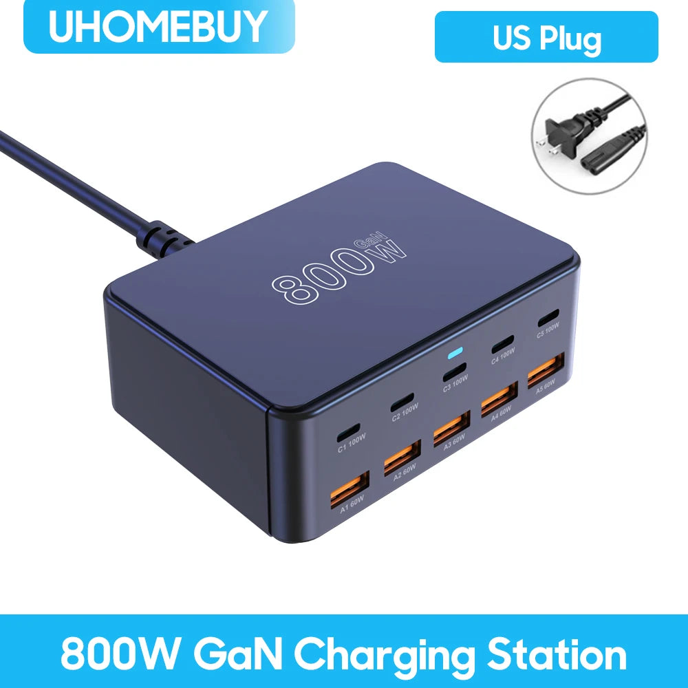 800W USB C GaN Carregador 100W PD3.0 PPS QC3.0 Estação de carregamento rápido multiporta para iPhone 15 16 Samsung Macbook Pro Laptops Tablets