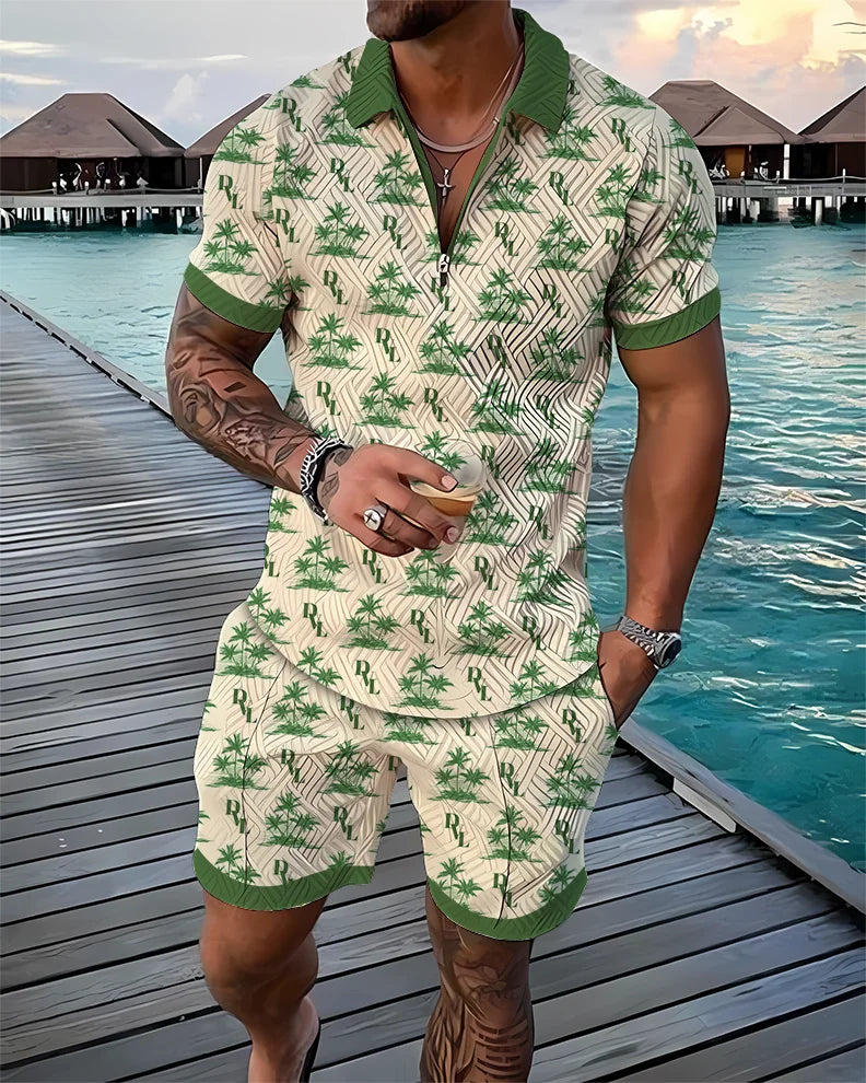 Agasalho de verão masculino terno esportivo conjunto 3d impresso casual manga curta t camisa lapela zip polo roupas masculinas jogging
