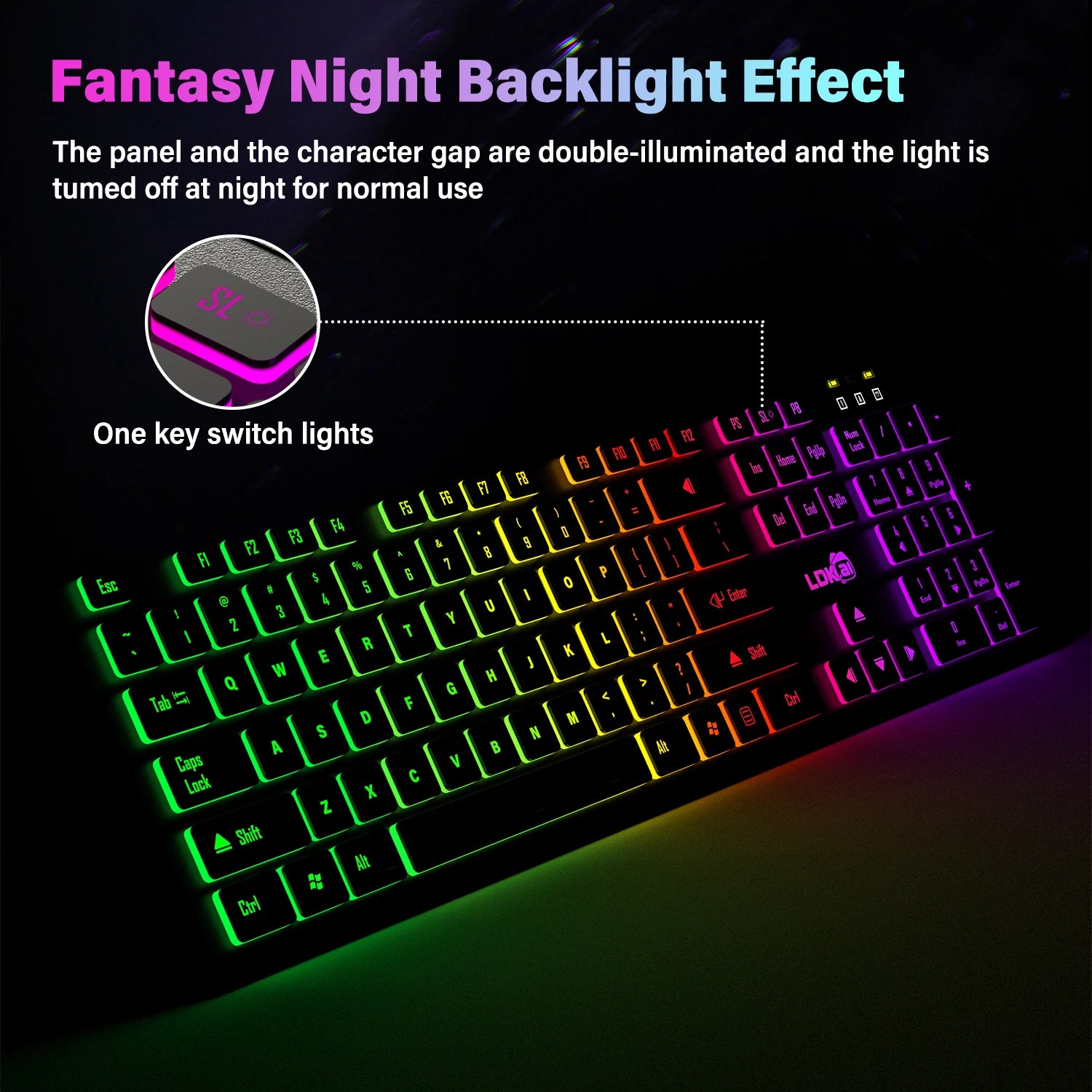Teclado para jogos de computador com iluminação RGB, silencioso, com fio, USB, para escritório e casa, em russo, francês, espanhol, alemão, árabe e inglês.