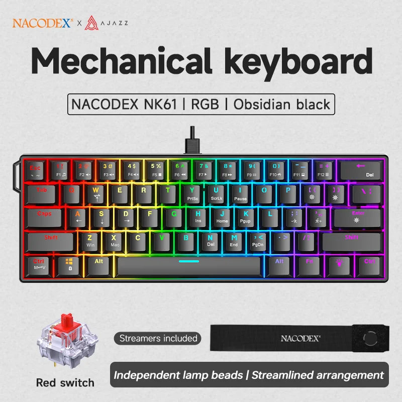 Ajazz nk61 teclado mecânico para jogos com fio 60% rgb hot-swappable 61 teclas interruptor vermelho mini teclado para gamer pc